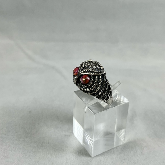 NEW Pink dahlia turquoise owl ring sterling silver - Picture 5 of 8